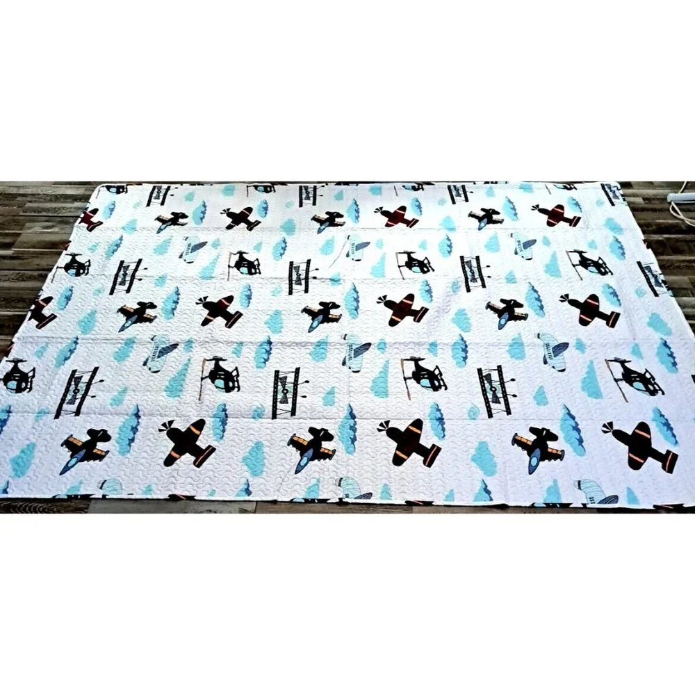 Airplane Twin Quilt Comforter Mantex Blue White Striped Red Boys Room Nursery